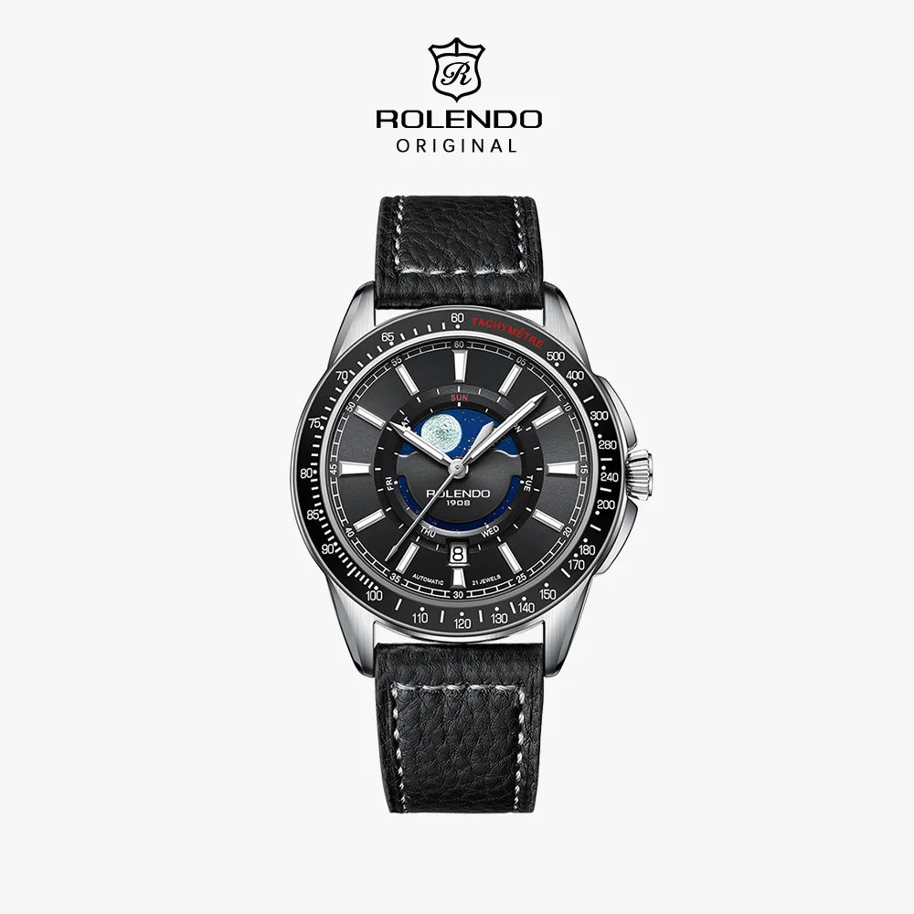 ROLENDO 1908 Men Automatic Mechanical Watch 21 Jewels Black Genuine Leather Business Wristwatch Waterproof Luxury Male Timepiece