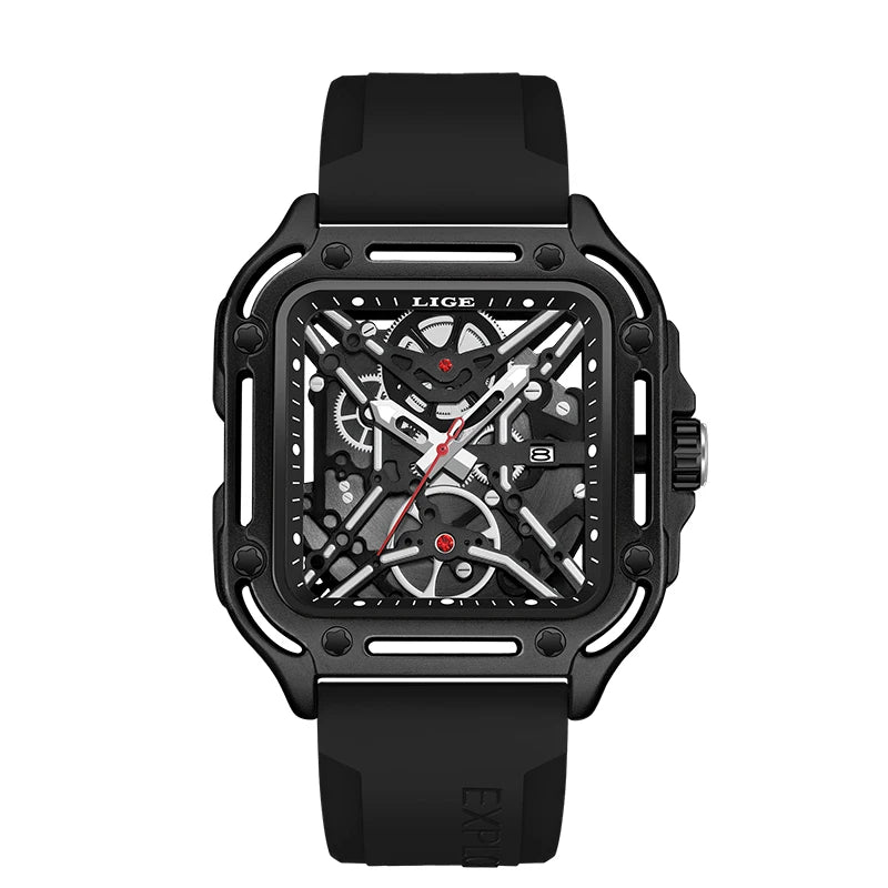 LIGE New Fashion Men Watches Luxury Large Dial Square Design Quartz Watch Casual Silicone Band Men's Sports Watches Reloj Hombre