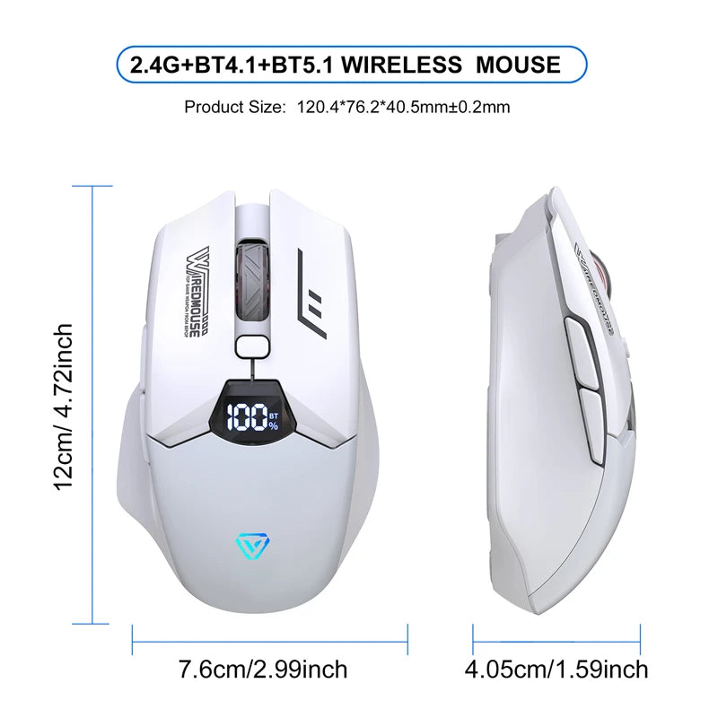 Dvourežimová bezdrátová Bluetooth myš se smart displejem, tichým nabíjením, pro kancelář, gaming, tablet, přenosná univerzální myš