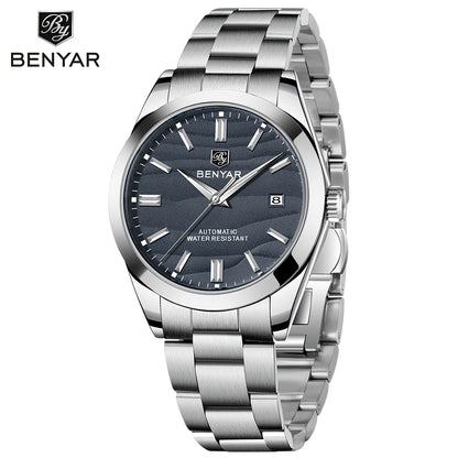 BENYAR luxury brand 40MM sand grain dial men's watch, stainless steel 50 meter waterproof automatic mechanical watch