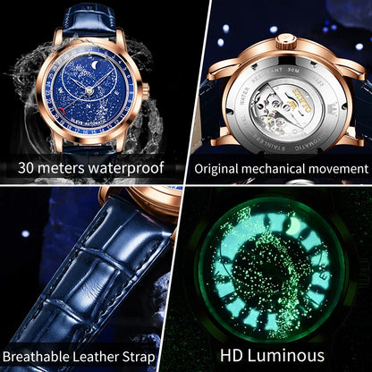 OLEVS 9923 Men's Watches Moon Phase Automatic Mechanical Watch for Man Blue Leather Luxury Dress Waterproof Luminous Wristwatch