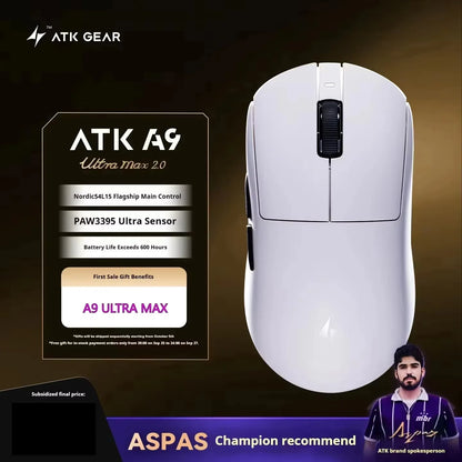 Bezdrátová herní myš ATK A9 s technologií NearLink, ergonomická, PAW3395, třírežimové Bluetooth, nízká latence, e-sportovní myš pro PC