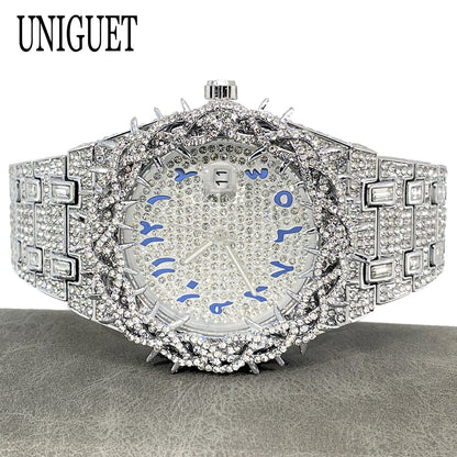 UNIGUET Luxury Full Diamond Watch For Men Fashion Hip Hop Ice Qut Bling Jewelry Quartz Wristwatch For Man Dropshipping