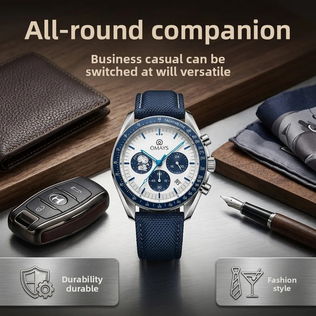 OMAYS Men's Luxury Sport Watch, 50th Anniversary Edition, Blue Nylon Band, Chronograph Quartz Wristwatch
