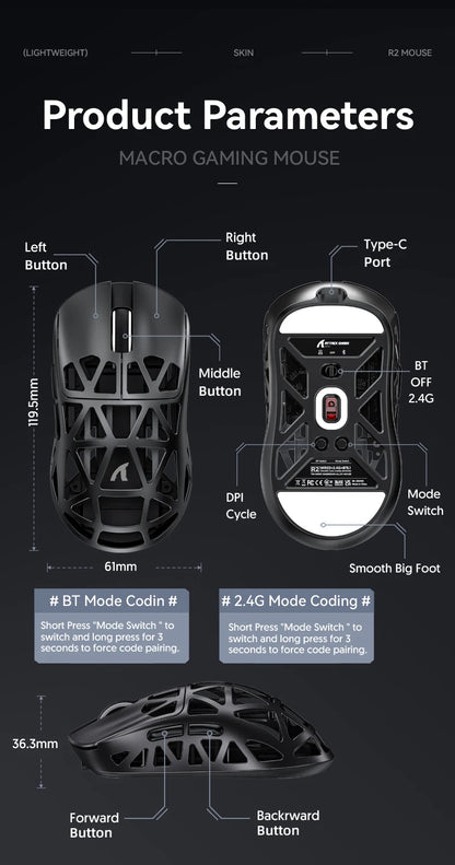 Attack Shark R2 vezeték nélküli gamer egér PAW3950 8K, könnyű magnéziumötvözet gamer egér, Bluetooth tri-mode kapcsolattal játékhoz/irodai használatra