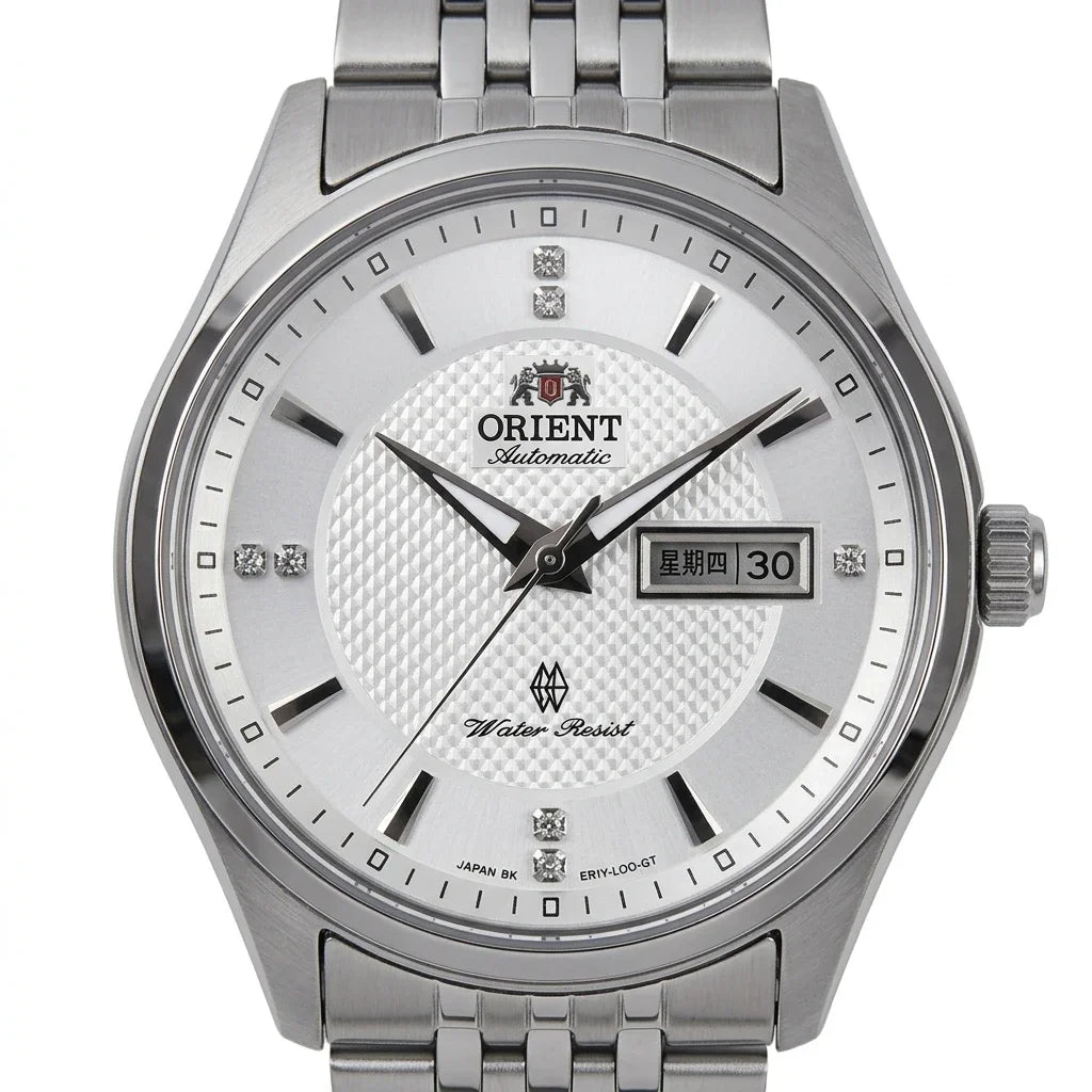 Relógio mecânico automático para homem da Orient, com calendário duplo (data e dia da semana), índices em cristal e bracelete em aço inoxidável – Relógio de pulso de estilo profissional