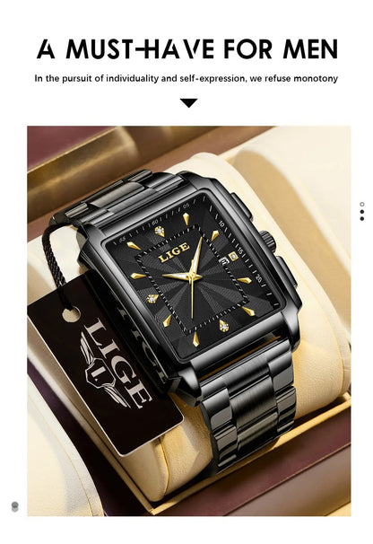 Relogio Masculino LIGE Fashion Military Watch Men Square Mens Watches Top Brand Luxury Waterproof Quartz Chronograph Wristwatch