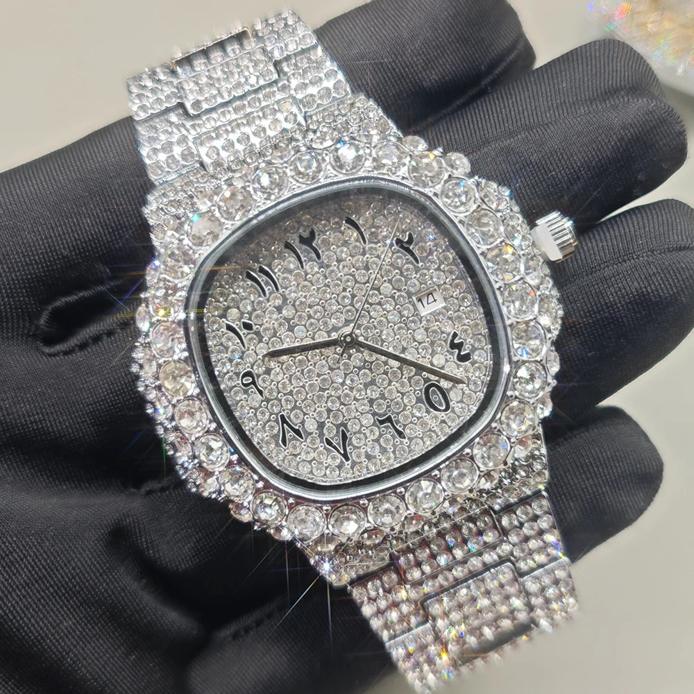 Luxury Brand Men Quartz Watch Fashion Square Hip Hop Diamond Out Sparkling Jewelry Waterproof Stainless Steel Wristwatch Man New