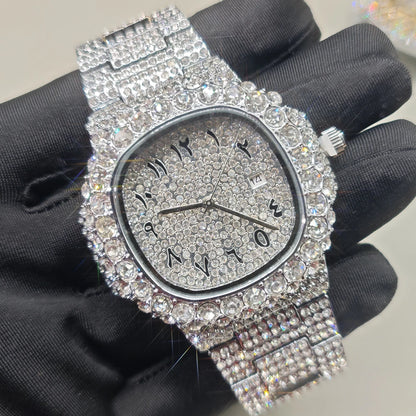 Luxury Brand Men Quartz Watch Fashion Square Hip Hop Diamond Out Sparkling Jewelry Waterproof Stainless Steel Wristwatch Man New
