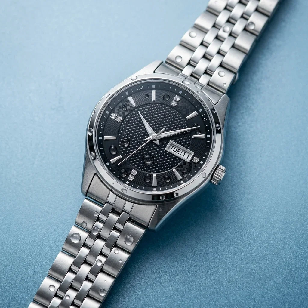Relógio mecânico automático para homem da Orient, com calendário duplo (data e dia da semana), índices em cristal e bracelete em aço inoxidável – Relógio de pulso de estilo profissional
