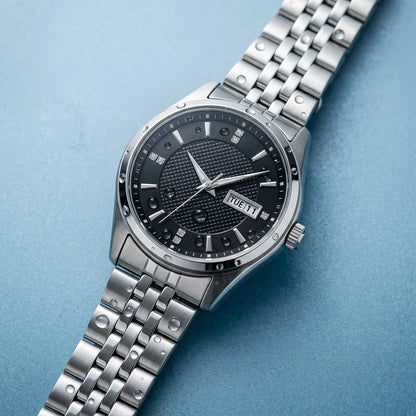 Relógio mecânico automático para homem da Orient, com calendário duplo (data e dia da semana), índices em cristal e bracelete em aço inoxidável – Relógio de pulso de estilo profissional
