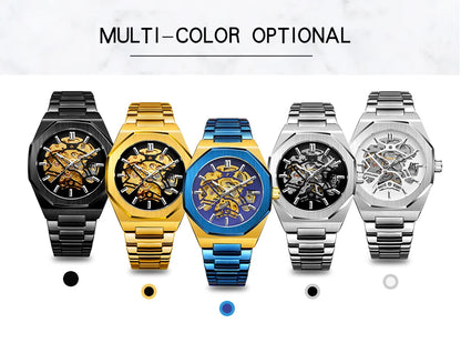 FORSINING 344D Top Brand Luxury Skeleton Automatic Mechanical Men's Watch Hollow Design Luminous Stainless Steel Strap Clock Men