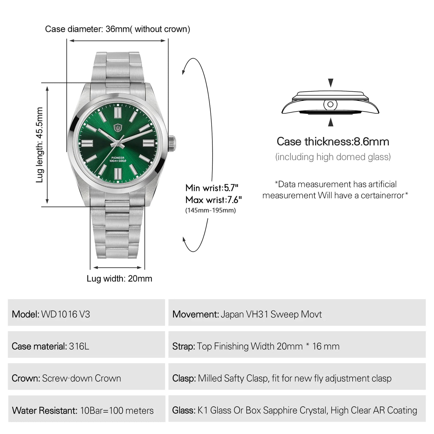 Watchdives WD1016 V3 Quartz Watch 37mm Stainless Steel Case Sapphire Vintage Watch  VH31 Sweep Movemet 100m Waterproof Men Watch