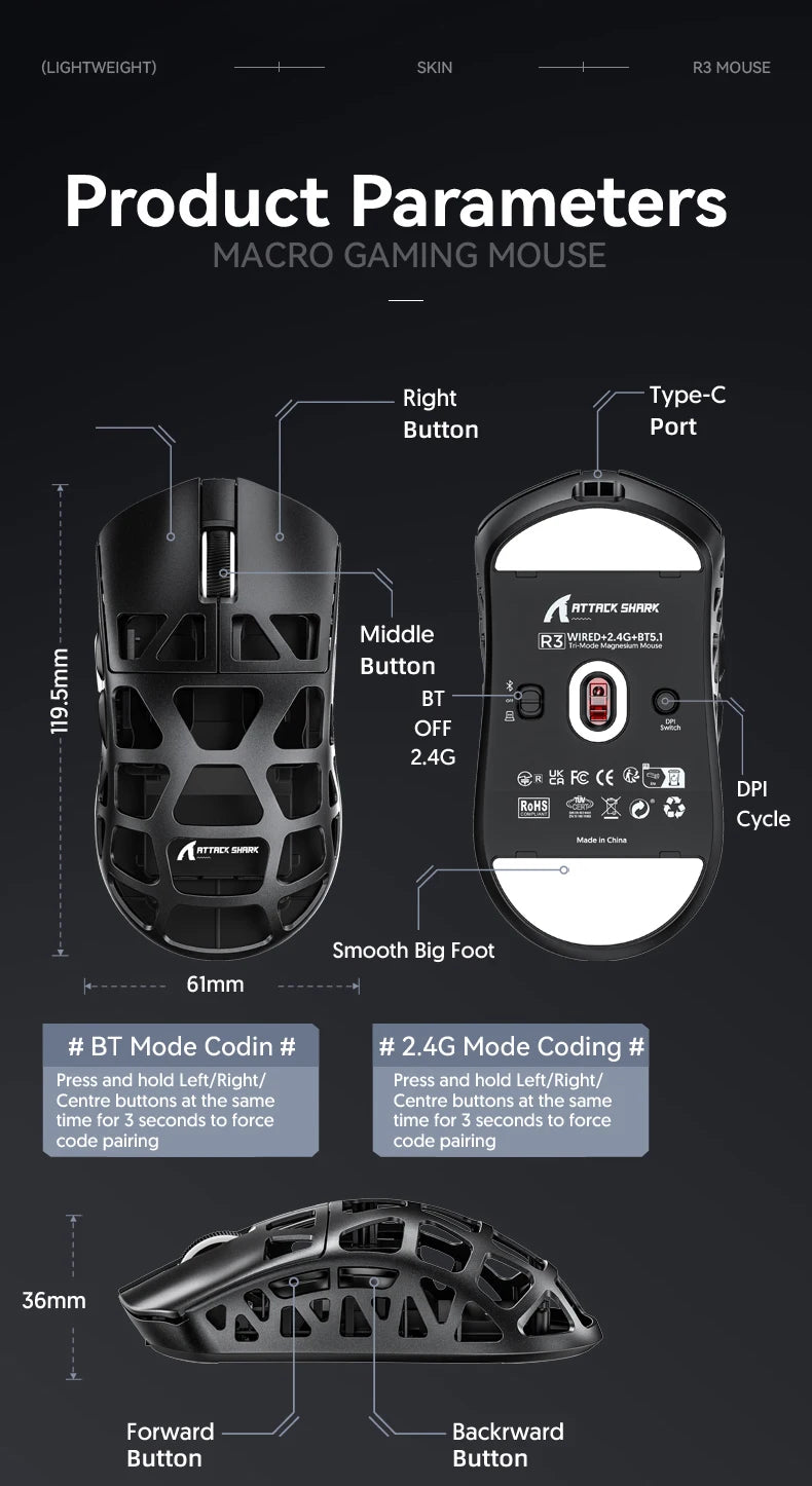 ATTACK SHARK R3 -pelihiiri, magnesiumseoksesta valmistettu hunajakennorakenne, ultrakevyt 8K Hz, PAW3395-sensori, 26000 DPI, ergonominen kuori