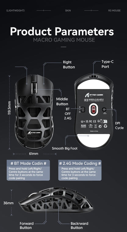 ATTACK SHARK R3 -pelihiiri, magnesiumseoksesta valmistettu hunajakennorakenne, ultrakevyt 8K Hz, PAW3395-sensori, 26000 DPI, ergonominen kuori
