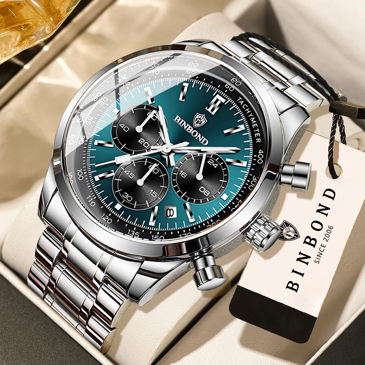 Relógio de quartzo BINBOND para homem, elegante, robusto e preciso, com data automática, cronógrafo, luz noturna e à prova de água. Estilo descontraído.