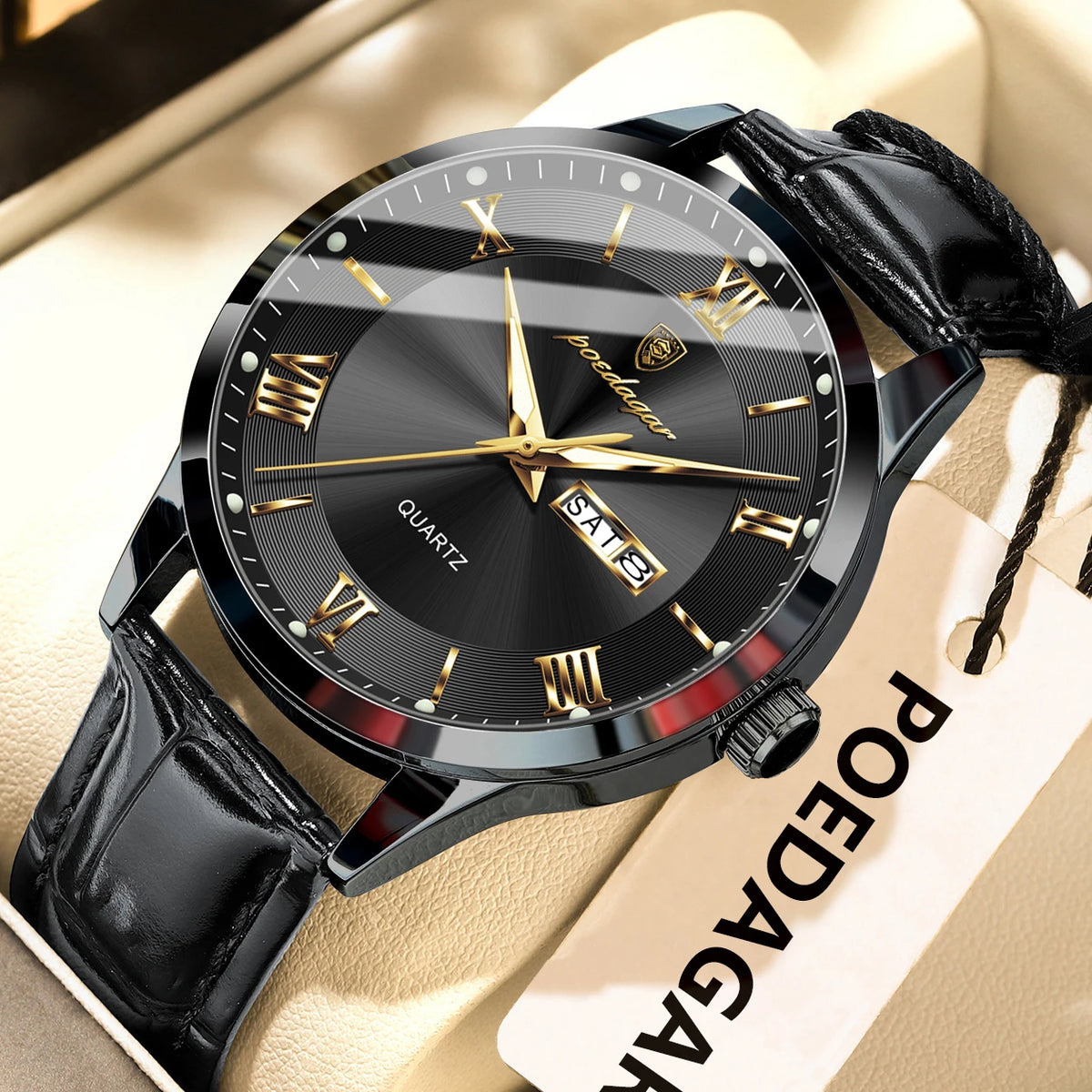 Trendy POEDAGAR men’s watch, leather strap, date and day display, luxury quartz watch, water-resistant, luminous, casual business style.
