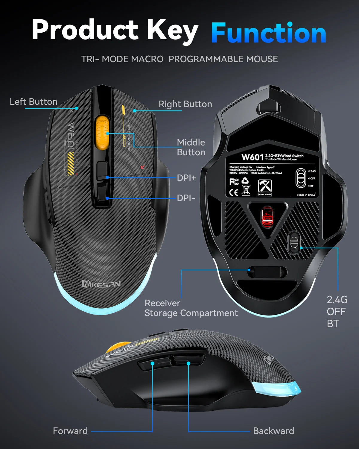 Bezdrátová herní myš Bluetooth, kabelová/bezdrátová RGB myš s 12800 DPI a 7 programovatelnými tlačítky, pro PC, notebook, gaming
