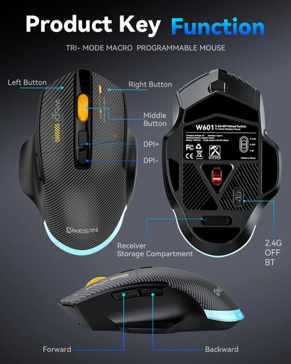 Bezdrátová herní myš Bluetooth, kabelová/bezdrátová RGB myš s 12800 DPI a 7 programovatelnými tlačítky, pro PC, notebook, gaming