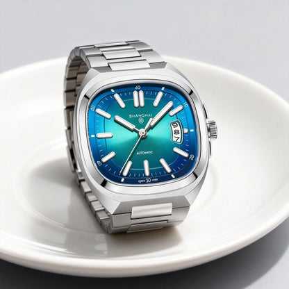 Shanghai Watch Automatic Mechanical Square Dial Men's Watch Luminous Water-Resistant to 50m Date Display Casual Wristwatch SH018