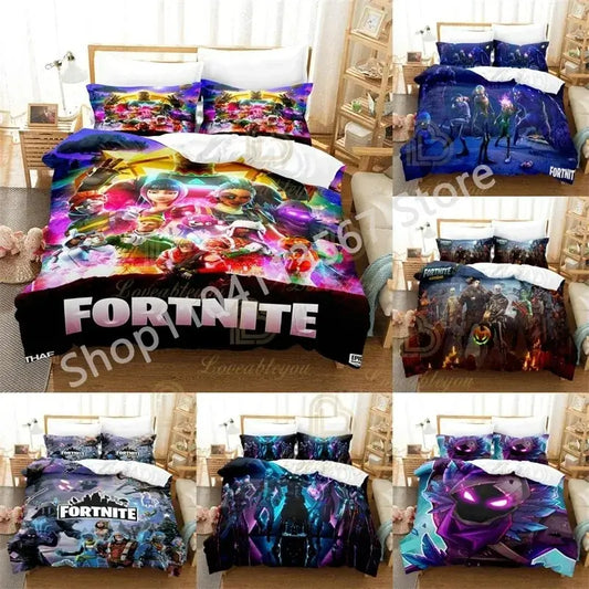 Conjunto de Cama F-Fortnite 3PCS Battle Royale para Crianças, Capa de Edredão, Colcha e Fronha, Tamanho Duplo, Decoração de Quarto Victory Game