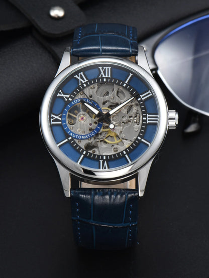 Relógio automático para homem, estilo de luxo, mostrador com algarismos romanos, mecanismo visível (esqueleto), resistente à água, ponteiros luminescentes, bracelete em pele – Uma escolha ideal para oferecer como presente.