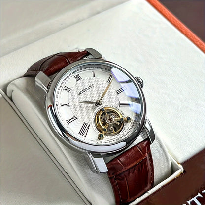 Men’s automatic mechanical watch – Elegant skeletonised design, trendy ‘business casual’ style, alloy case and leather strap, battery-free
