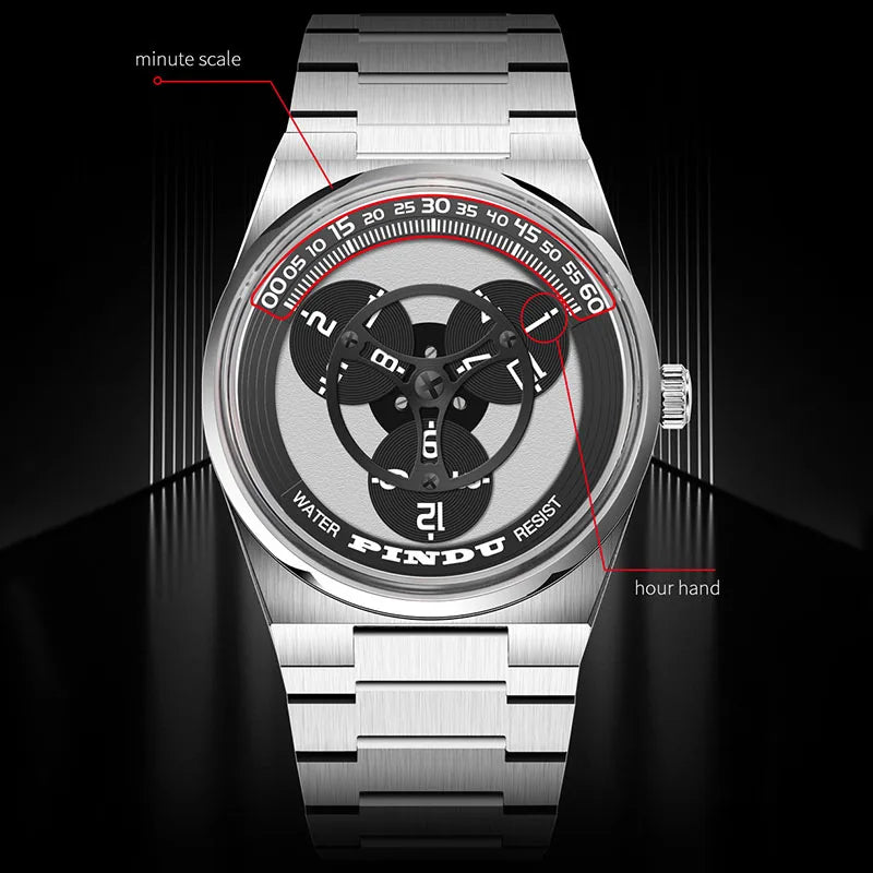 PINDU Turntable Creative Watch Miyota 8215 With Pointerless Design Trendy Steel Business Mechanical Watches Luminous Waterproof