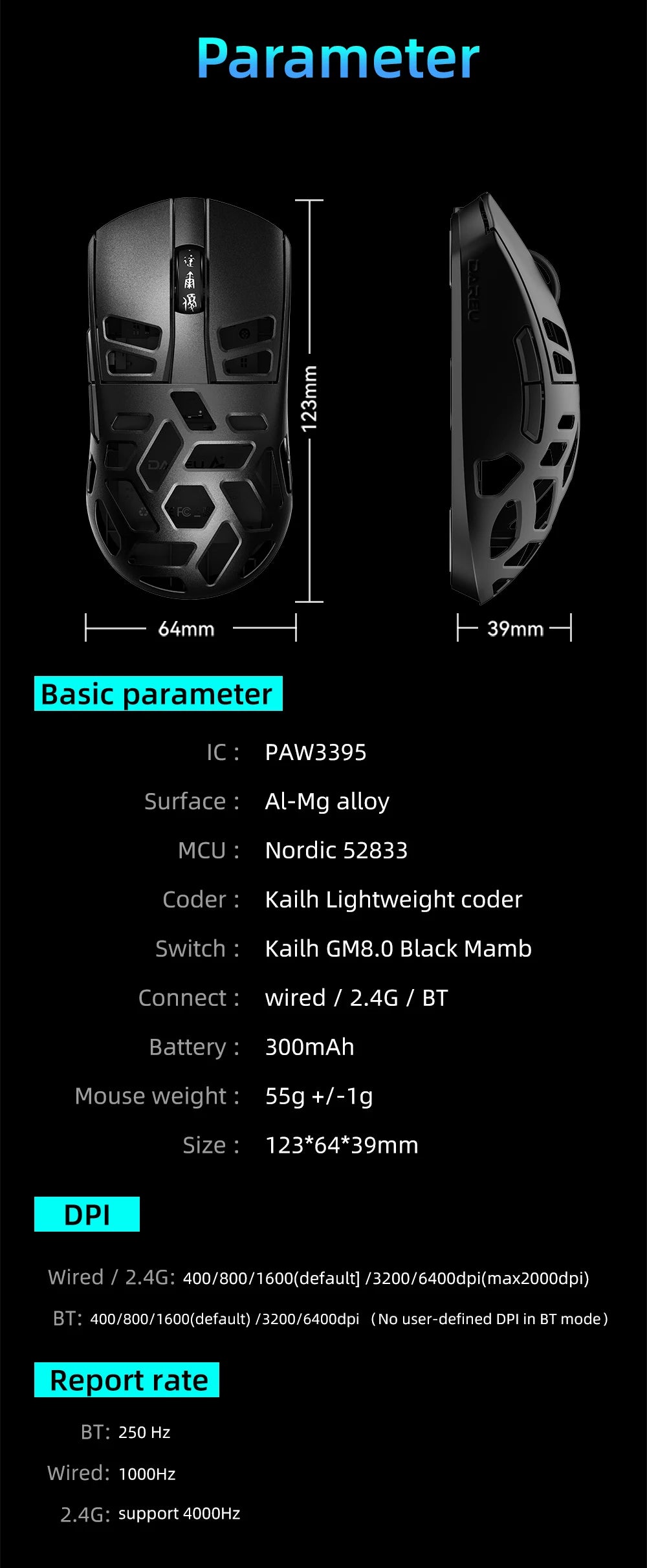 DAREU Al-mg Tri-mode 8Khz PBT bezdrôtová herná myš s rýchlym nabíjaním PAW3950 30000 DPI, ľahká, pre PC hráčov