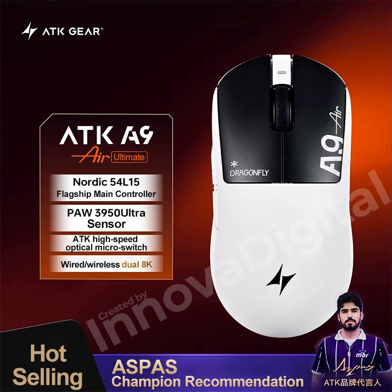 ATK Dragonfly A9 Ultimate vezeték nélküli gaming egér A9 Air PAW3950, ultrakönnyű ergonomikus e-sport gamer FPS egér CSGO-hoz A9 Ultra
