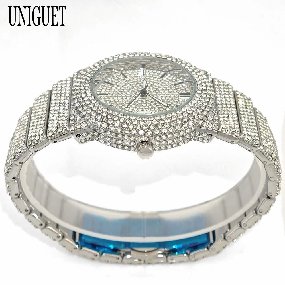 2025 UNIGUET Men's Fashion Iced Watches Luxury Hip Hop Full Diamond Jewelry Quartz Waterproof Business Wrist Watch for Men New