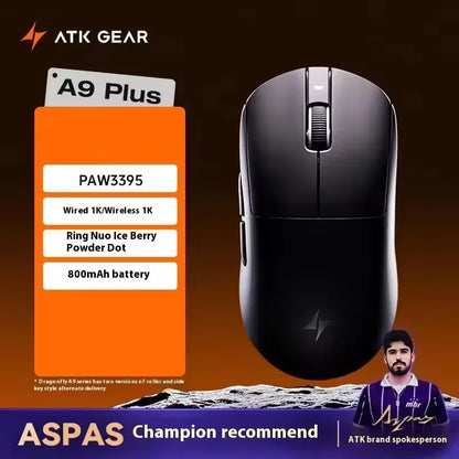 Bezdrátová herní myš ATK A9 s technologií NearLink, ergonomická, PAW3395, třírežimové Bluetooth, nízká latence, e-sportovní myš pro PC
