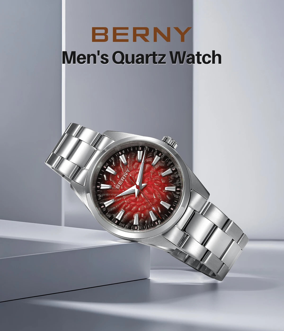 BERNY Men's Watch 10ATM Sapphire Luminous Fashion Quart Watches Full Stainless Steel Classic Dress Business Wristwatch