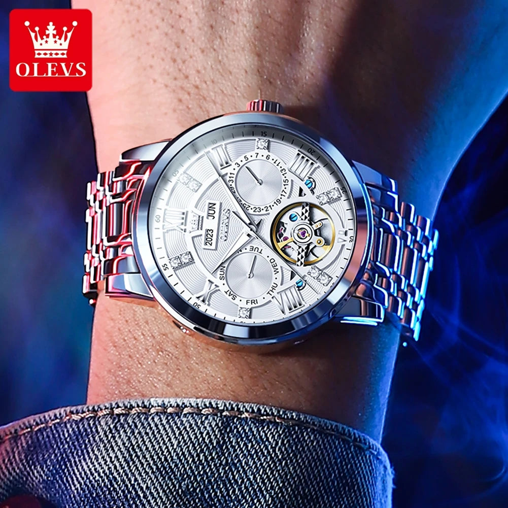 OLEVS Men's Watches Skeketon Flywheel Automatic Mechanical Original Wristwatch for Man Waterproof Luminous Perpetual Calendar