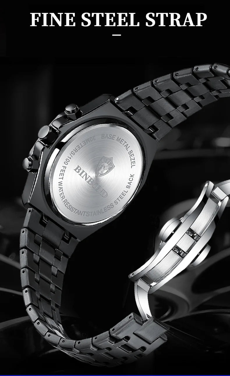 BINBOND 0161 Brand Man Quartz Watch Luxury Luminous Chronograph Wristwatch Stainless Steel Waterproof Men Date Calendar Clock