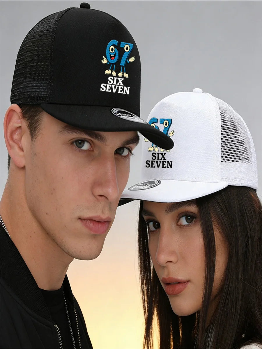 1/2PC Flat Brim Mesh Trucker Hat, Breathable, Cartoon 67 SIX SEVEN Anthropomorphic Print, Retro Streetwear for Men Women