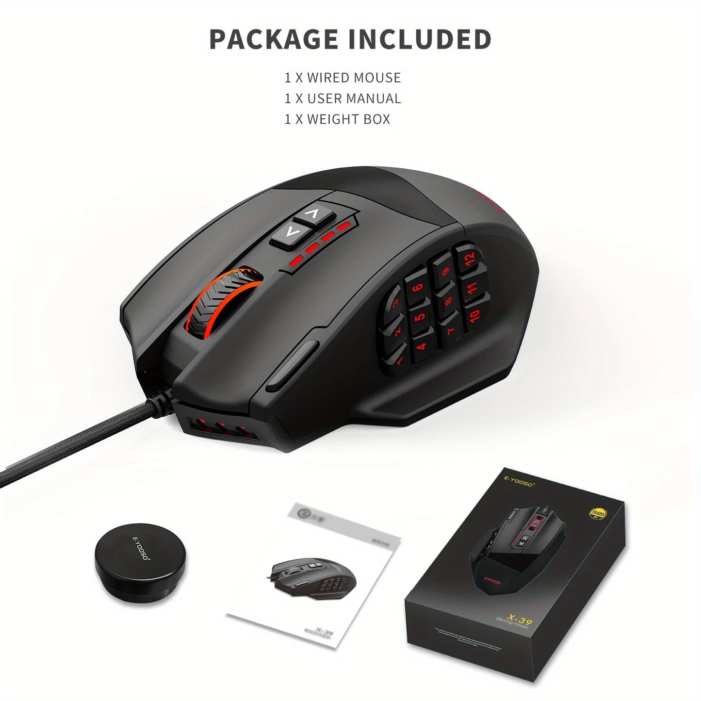 E-YOOSO X-39 programmerbar gamingmus, trådbunden RGB-mus med 18 knappar, 8 avtagbara vikter, 5 DPI, ergonomiskt grepp för dator
