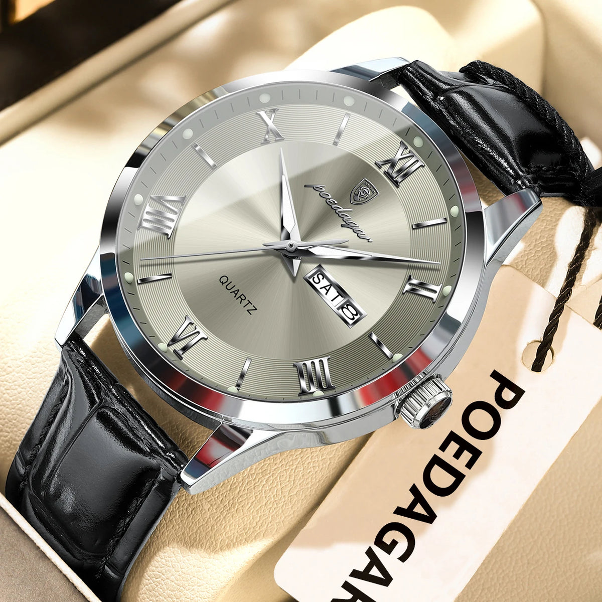 Trendy POEDAGAR men’s watch, leather strap, date and day display, luxury quartz watch, water-resistant, luminous, casual business style.