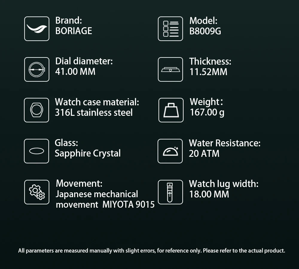 BORIAGE Fully automatic mechanical men's watch BGW9 luminous watch MIYOTA9015 movement 316 stainless steel 200m Water Resistance