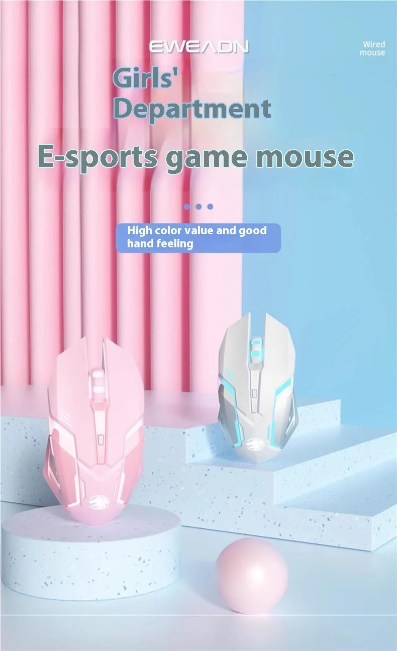 Frontline розова жична геймърска мишка, безшумна механична, eSports, безжична Bluetooth мишка за офис и компютър, с елегантен дизайн, сладък стил за момичета