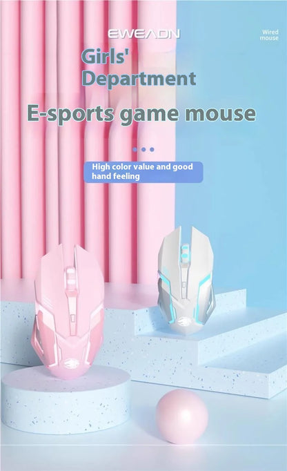 Frontline розова жична геймърска мишка, безшумна механична, eSports, безжична Bluetooth мишка за офис и компютър, с елегантен дизайн, сладък стил за момичета