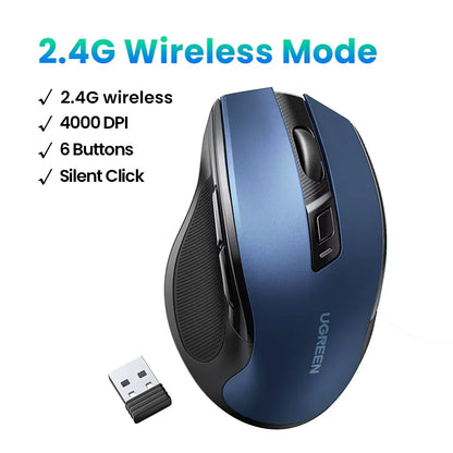 UGREEN belaidė pelė Bluetooth5.0, ergonomiška 4000DPI pelė su 6 tyliais mygtukais, skirta MacBook, planšetėms, nešiojamiesiems kompiuteriams, kompiuteriams ir PC, 2.4G pelė