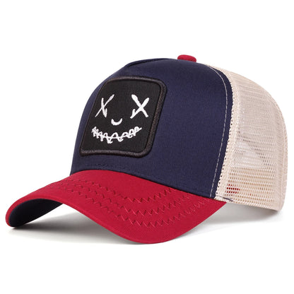 Uomo Donna Cappellini da baseball con ricamo a forma di faccina sorridente in cotone, regolabili con chiusura a scatto, cappellini Hip Hop in rete, cappellini estivi da esterno, cappellini da sole, cappellini da papà
