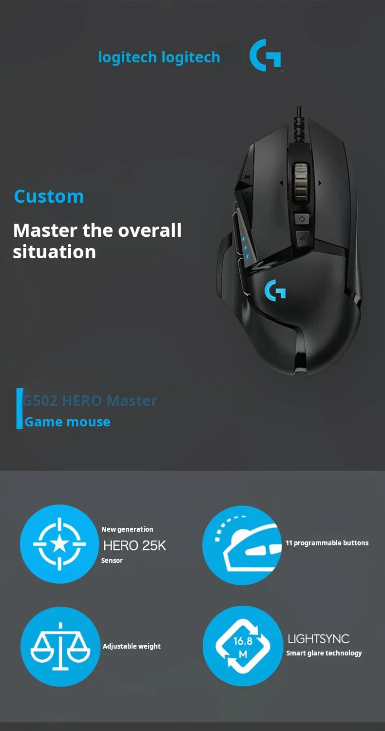 Herní myš Logitech G502 HERO s kabelem, e-sportovní mechanická myš s RGB osvětlením a nastavitelným vyvážením pro „Eat Chicken“, programovatelná makra