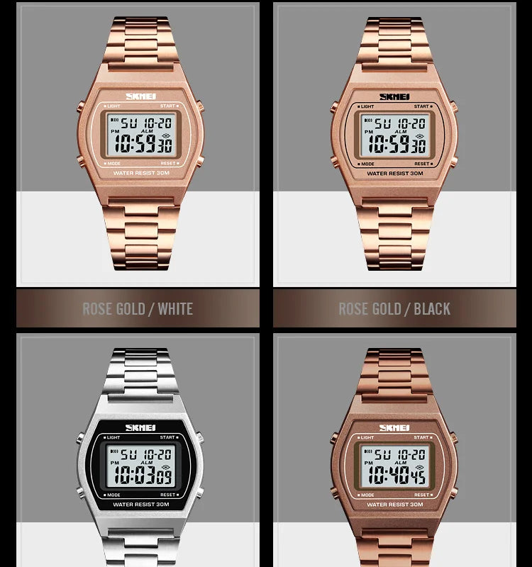 Skmei Unisex Digital Sport's Watches Stainless Steel Strap Led Waterproof 12/24 Hour Format Electronic Alarm Clock