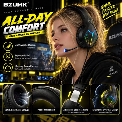 Casque de jeu filaire BZUMK H2, son surround 7.1 RGB, haut-parleurs de 50 mm, casque supra-auriculaire, microphone à réduction de bruit pour PC, PS4, PS5