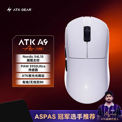 Bezdrátová herní myš ATK A9 s technologií NearLink, ergonomická, PAW3395, třírežimové Bluetooth, nízká latence, e-sportovní myš pro PC