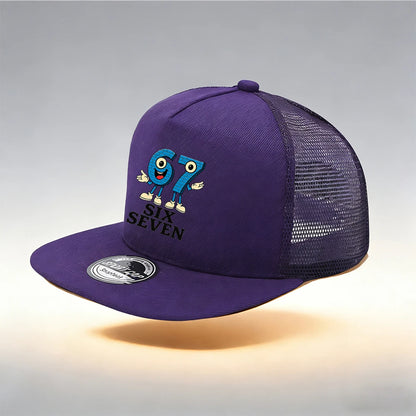 1/2PC Flat Brim Mesh Trucker Hat, Breathable, Cartoon 67 SIX SEVEN Anthropomorphic Print, Retro Streetwear for Men Women