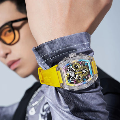 BONEST GATTI Automatic Watch Tonneau Mechanical Wristwatch K9 Crystal Case Rubber Strap Multi Dial Watches For Men
