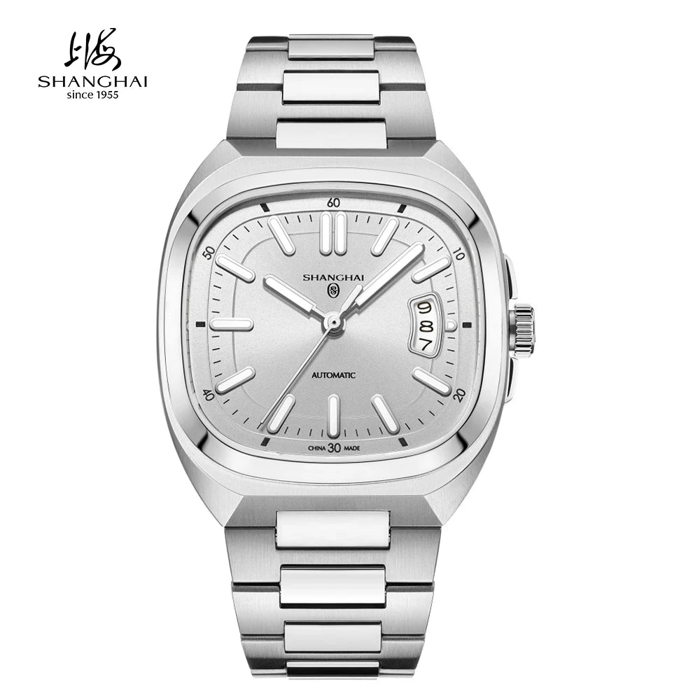 Shanghai Watch Automatic Mechanical Square Dial Men's Watch Luminous Water-Resistant to 50m Date Display Casual Wristwatch SH018